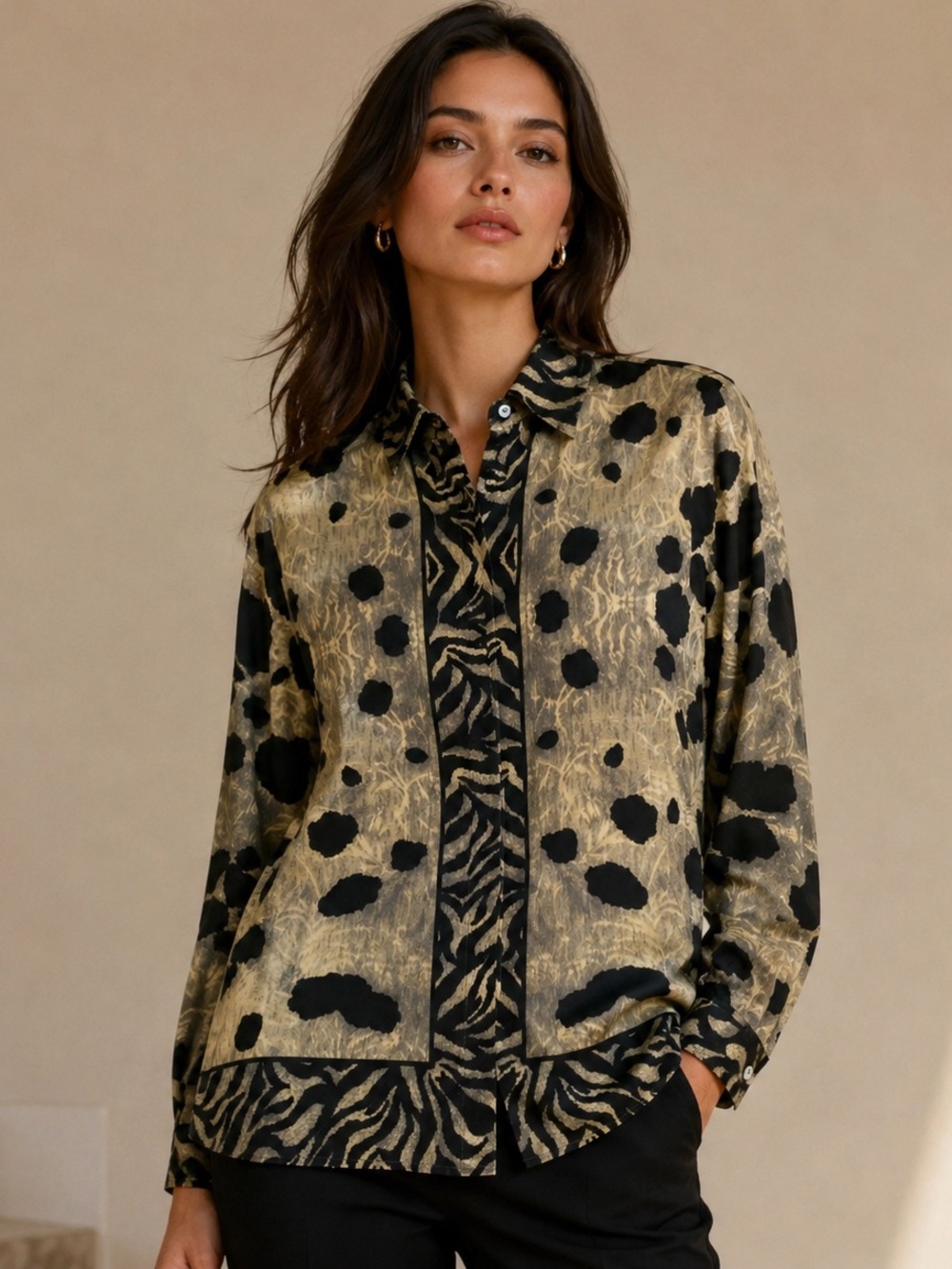 Paolo Santini Black And Beige Print Button-Up Long Sleeve Blouse 100% Pure Silk